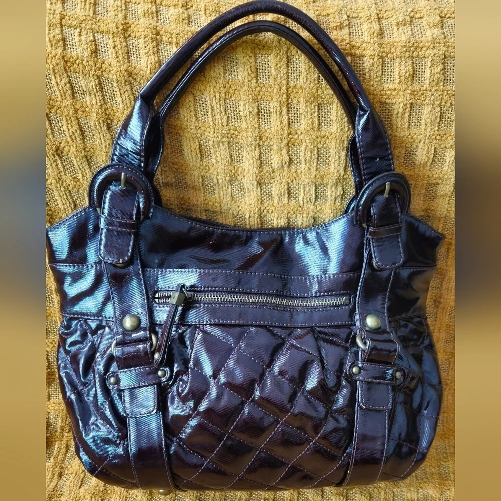 Maxx New York Majestic Hobo Patent Faux Leather Dark Brown Quilted Shoulder Bag